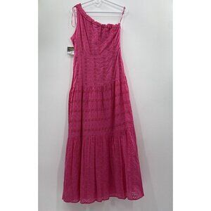 Taylor One Shoulder Maxi/Midi Dress Pink Crochet Tiered Lined Cotton Size 8